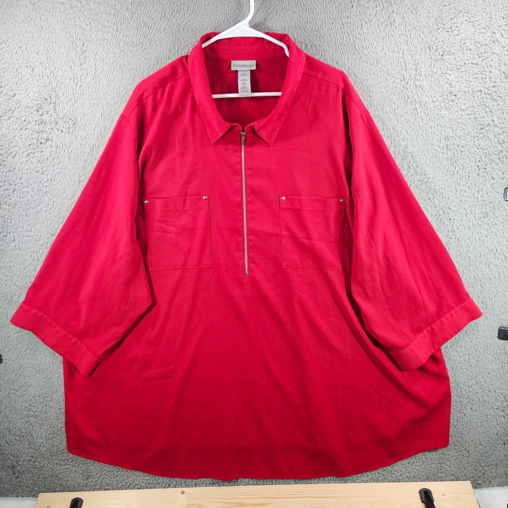 Catherines Red Quarter Zip Tunic Top Womens 5X 34/36W 3/4 Sleeve Studded Pockets